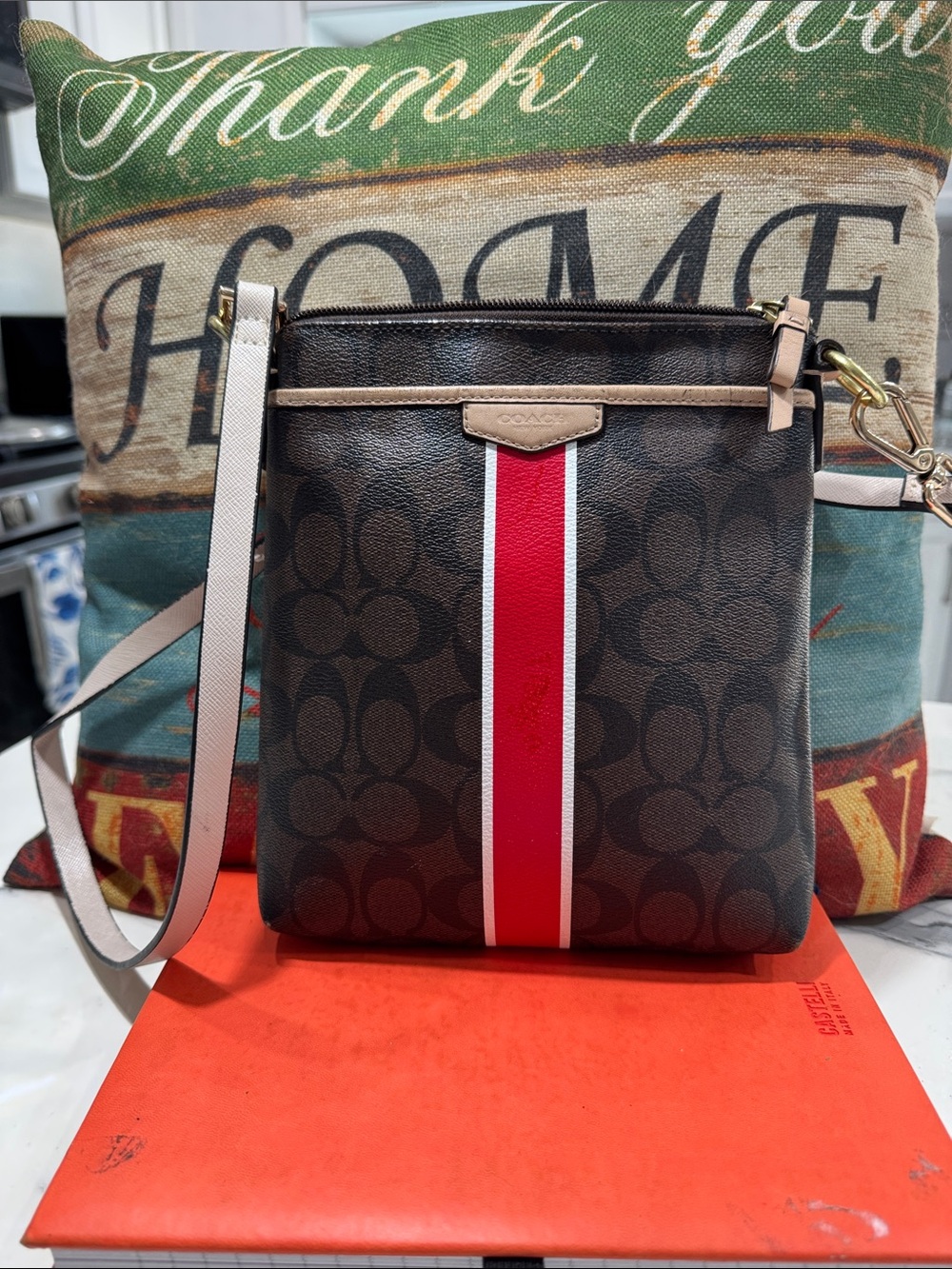 Coach Crossbody Bag in Brown with Red and White Stripe